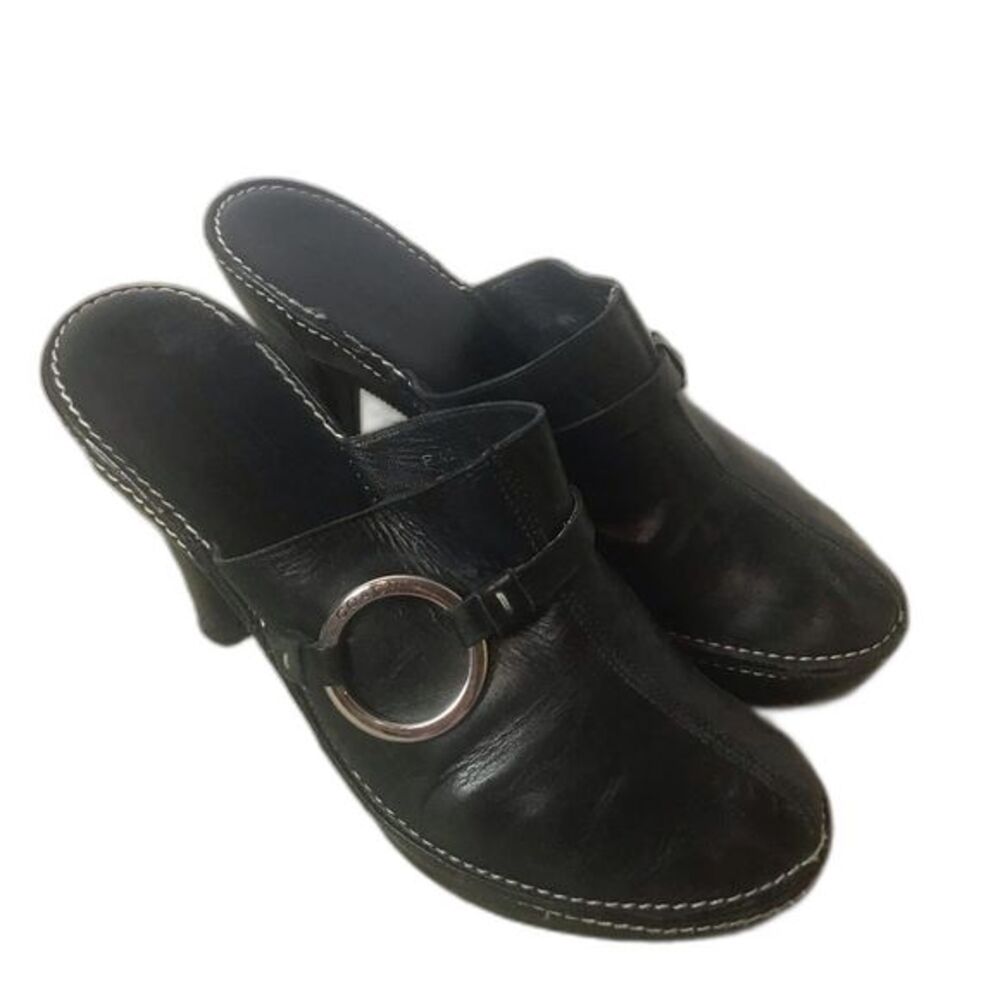 Coach Black Leather Mules with Silver Accent